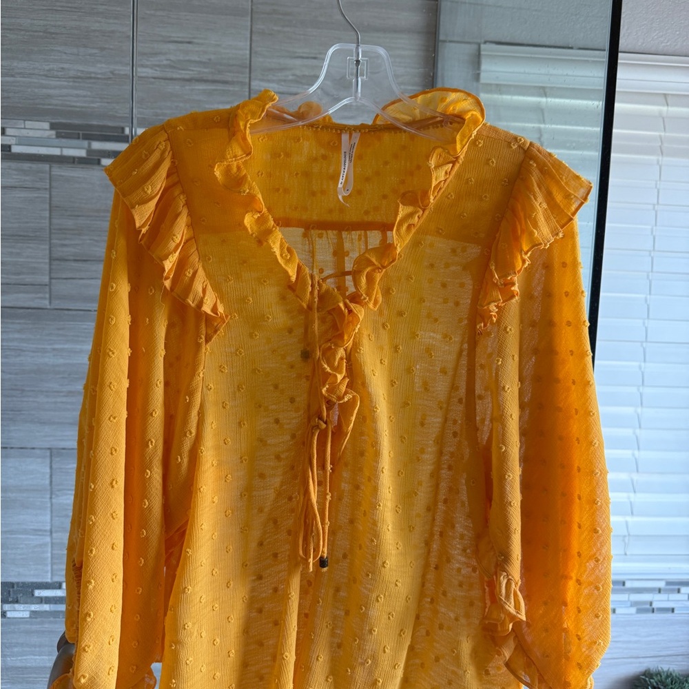 Anthropologie Gold Ruffled Tie Front Blouse